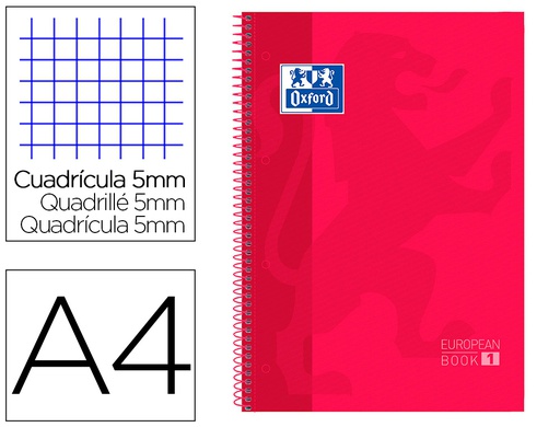 [100430198] BLOC ESPIRAL OXFORD TAPA EXTRADURA MICROPERFORADO DIN A4 80 HOJAS CUADROS 5MM COLOR ROJO
