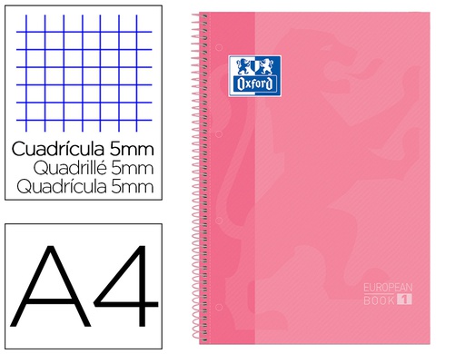 [400040984] BLOC ESPIRAL OXFORD TAPA EXTRADURA MICROPERFORADO DIN A4 80 HOJAS CUADROS 5 MM COLOR ROSA DULCE