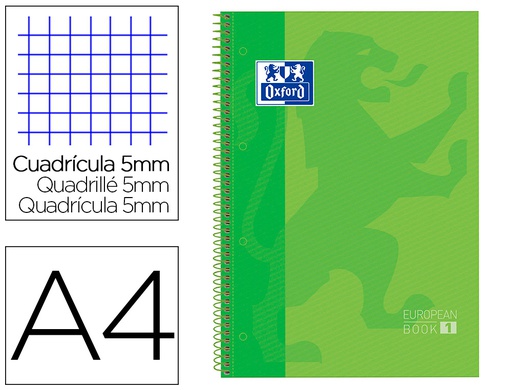 [100430199] BLOC ESPIRAL OXFORD TAPA EXTRADURA MICROPERFORADO DIN A4 80 HOJAS CUADROS 5MM COLOR VERDE