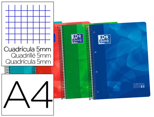 [400196862] BLOC ESPIRAL OXFORD TAPA PLASTICO OPTIK PAPER MICROPERFORADO DIN A4+ 120H CUADRO 5 MM COLORES SURTIDOS