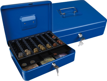[KF03327] CAJA CAUDALES Q-CONNECT 12\" 300X240X90 MM AZUL CON PORTAMONEDAS
