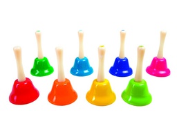[441053] CAMPANITA PEQUEÑA AMAYA DE MANO CON MANGO TRADICIONAL ESCALA DIATONICA SET DE 8 UNIDADES COLORES SURTIDOS