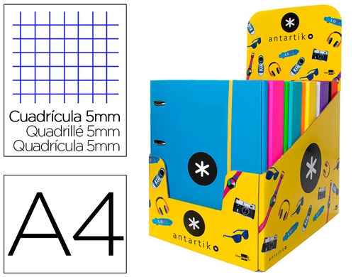 [KA36] CARPETA CON RECAMBIO ANTARTIK A4 CUADRO 5MM FORRADA 4 ANILLAS 25MM REDONDAS COLORES SURTIDOS