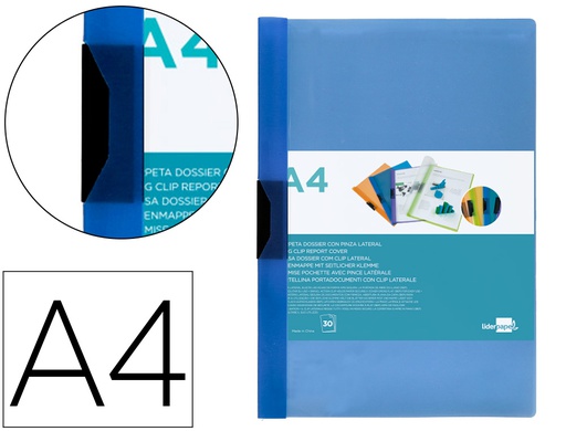 [DP06] CARPETA LIDERPAPEL DOSSIER PINZA LATERAL 45302 POLIPROPILENO DIN A4 AZUL 30 HOJAS PINZA DESLIZANTE