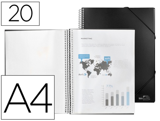 [EC30] CARPETA LIDERPAPEL ESCAPARATE CON ESPIRAL 20 FUNDAS POLIPROPILENO DIN A4 NEGRO