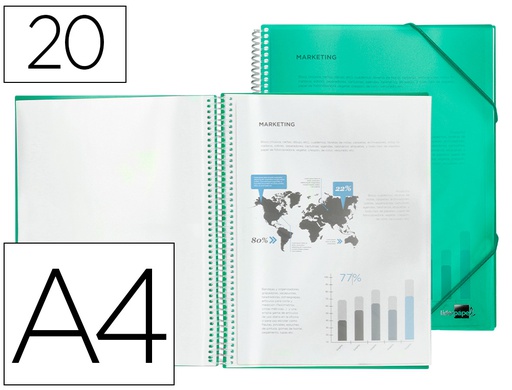 [EC07] CARPETA LIDERPAPEL ESCAPARATE CON ESPIRAL 20 FUNDAS POLIPROPILENO DIN A4 VERDE