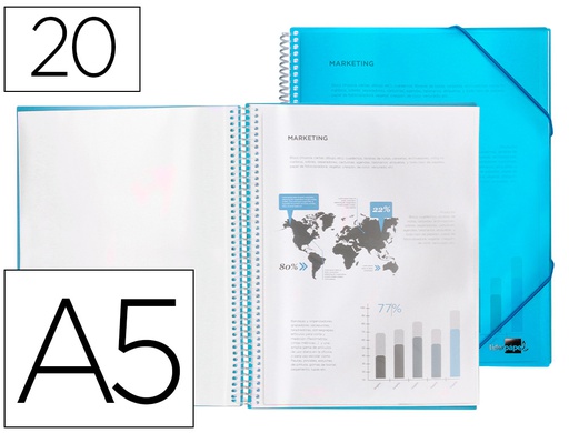 [EC45] CARPETA LIDERPAPEL ESCAPARATE CON ESPIRAL 20 FUNDAS POLIPROPILENO DIN A5 AZUL