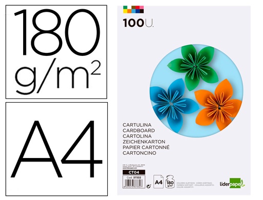 [CT04] CARTULINA LIDERPAPEL A4 180G/M2 10 COLORES SURTIDOS PAQUETE DE 100 HOJAS