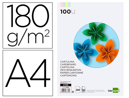 [CT03] CARTULINA LIDERPAPEL A4 180G/M2 4 COLORES SURTIDOS PAQUETE DE 100 HOJAS