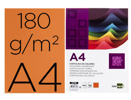[CT10] CARTULINA LIDERPAPEL A4 180G/M2 NARANJA FUERTE PAQUETE DE 100 HOJAS