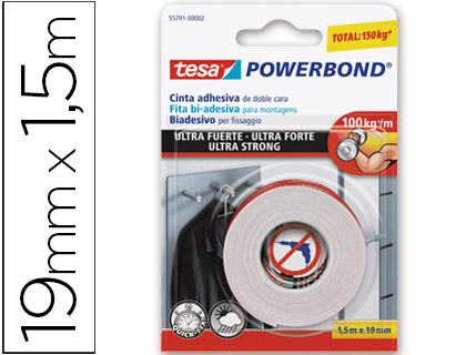 [55791-00002-01] CINTA ADHESIVA TESA DOBLE CARA ULTRA STRONG EXTRAFUERTE PARA INTERIOR Y EXTERIOR 1,5M X19MM