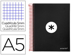 [KD40] CUADERNO ESPIRAL A5 MICRO ANTARTIK TAPA FORRADA120H 90 GR CUADRO 5MM 5 BANDAS6 TALADROS COLOR NEGRO