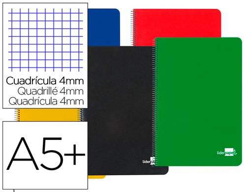 [BC44] CUADERNO ESPIRAL LIDERPAPEL CUARTO TAPA DURA 80H 60 GR CUADRO 4MM CON MARGEN COLORES SURTIDOS