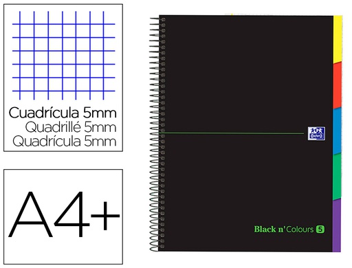 [400088331] CUADERNO ESPIRAL OXFORD EBOOK 5 TAPA EXTRADURA DIN A4+ 100 H CON SEPARADORES CUADRICULA 5 MM BLACK'N COLORS VERDE