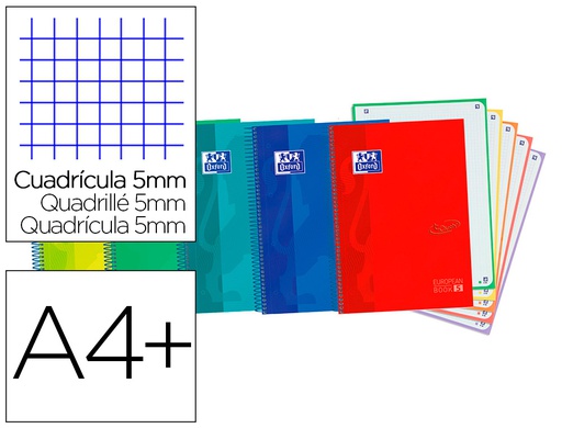 [400138671] CUADERNO ESPIRAL OXFORD EBOOK 5 TAPA EXTRADURA DIN A4+ 120 H MICROPERFORADAS CUADRO 5 MM COLORES VIVOS SURTIDOS