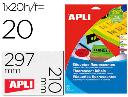 [2879] ETIQUETA ADHESIVA APLI 02879 210X297 MM PARA FOTOCOPIADORA LASER CAJA CON 20 HOJAS DIN A4 NARANJA