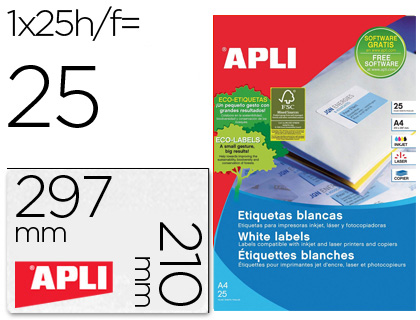 [1215] ETIQUETA ADHESIVA APLI 1215 210X297 MM PARA FOTOCOPIADORA LASER INK-JET CAJA CON 25 HOJAS