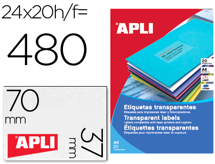 [1224] ETIQUETA ADHESIVA APLI 1224 TRANSPARENTES TAMAÑO 70X37 MM PARA FOTOCOPIADORA LASER CAJA 20 HOJAS CON 480 ETIQUETAS