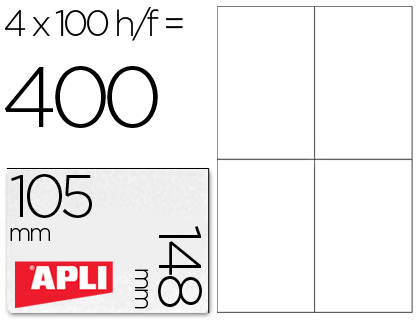 [01280] ETIQUETA ADHESIVA APLI 1280 TAMAÑO 105X148 MM PARA FOTOCOPIADORA LASER INK-JET CAJA CON 100 HOJAS DIN A4