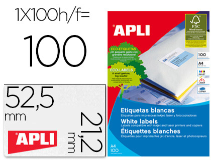 [1284] ETIQUETA ADHESIVA APLI 1284 TAMAÑO 52,5 X 21,2 MM PARA FOTOCOPIADORA LASER INK-JET CAJA CON 100 HOJAS DIN A4