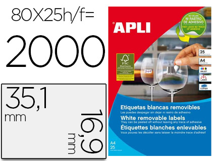 [10199] ETIQUETA ADHESIVA APLI 35,6X16,9 MM FOTOCOPIADORA LASER INKJET CAJA 25 HOJAS DIN A4 CON 2000 ETIQUETAS