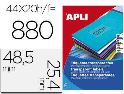 [1223] ETIQUETA ADHESIVA APLI TRANSPARENTE 48,5X25,4 MM FOTOCOPIA LASER INKJET CAJA 20 HOJAS DIN A4 CON 880