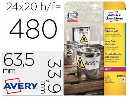 [L4773-20] ETIQUETA ADHESIVA RESISTENTE AVERY POLIESTER BLANCO 3,9 MM 63,5X33,9 MM LASER PACK DE 480UNIDADES