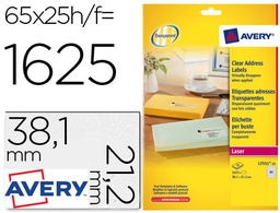 [L7551-25] ETIQUETA ADHESIVAS AVERY DIN A4 IMPRIMIBLES TRANSPARENTE 38,1X21,2 MM CAJA DE 25 HOJAS CON 1625 ETIQUETAS