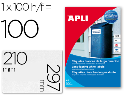 [12121] ETIQUETAS ADHESIVAS APLI 12121 TAMAÑO 210X297 MM POLIESTER RESISTENTE A LA INTERPERIE IMPRESION LASER