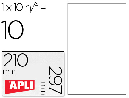 [10053] ETIQUETAS ADHESIVAS APLI TRANSPARENTES POLIESTER PARA IMPRESORA INK-JET 210X297 MM PRESENTADAS EN CARPETAS DE 10