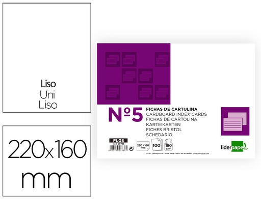 [FL05] FICHA LIDERPAPEL LISA Nº5 160X220MM PAQUETE DE 100 180G