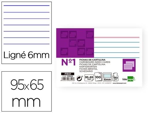 [FR01] FICHA LIDERPAPEL RAYADA Nº1 65X95 MM 180G/M2 PAQUETE DE 100 UNIDADES