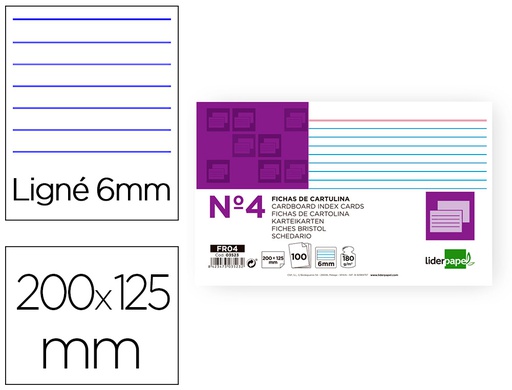 [FR04] FICHA LIDERPAPEL RAYADA Nº4 125X200 MM 180G/M2 PAQUETE DE 100 UNIDADES