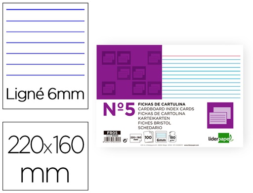 [FR05] FICHA LIDERPAPEL RAYADA Nº5 160X220 MM 180G/M2 PAQUETE DE 100 UNIDADES