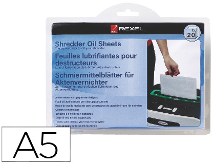 [2101949] HOJAS LUBRICANTES REXEL PARA DESTRUCTORA PAQUETE DE 20 HOJAS TAMAÑO DIN A5