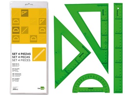 [JG01] JUEGO ESCUADRA CARTABON REGLA 30 CM Y SEMICIRCULO EN PETACA LIDERPAPEL VERDE