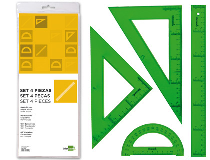 [JG01] JUEGO ESCUADRA CARTABON REGLA 30 CM Y SEMICIRCULO EN PETACA LIDERPAPEL VERDE