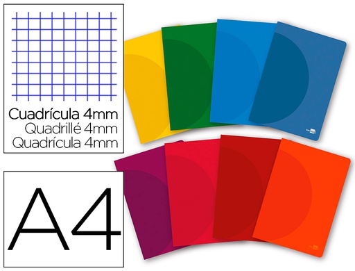 [LF01] LIBRETA LIDERPAPEL 360 TAPA DE PLASTICO A4 48 HOJAS 90G/M2 CUADRO 4MM CON MARGEN COLORES SURTIDOS