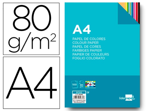 [PC62] PAPEL COLOR LIDERPAPEL A4 80GR 25 COLORES SURTIDOS PAQUETE DE 100 HOJAS