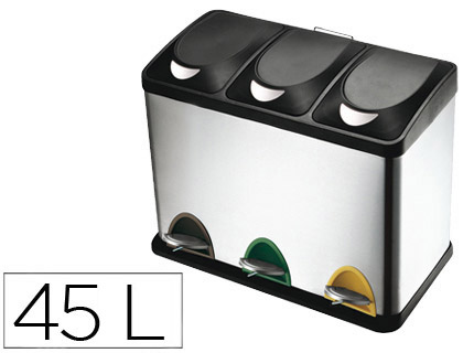 [KF16550] PAPELERA CONTENEDOR Q-CONNECT METALICA CON TAPADERA DE PLASTICO Y PEDAL 3 DEPOSITOS 45L 605X340X485 MM