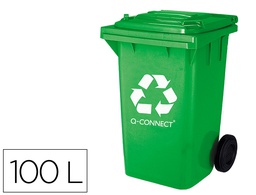 [KF16542] PAPELERA CONTENEDOR Q-CONNECT PLASTICO VERDE PARA ENVASES DE VIDRIO 100L CON TAPA Y RUEDAS 750X470X370 MM
