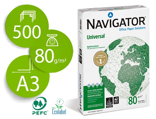[NAV-80-A3] PAPEL FOTOCOPIADORA NAVIGATOR DIN A3 80 GRAMOS PAPEL MULTIUSO INK-JET Y LASER PAQUETE DE 500 HOJAS