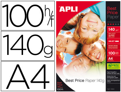 [11804] PAPEL FOTOGRAFICO APLI GLOSSY DIN A4 PACK DE 100 HOJAS 140 GR