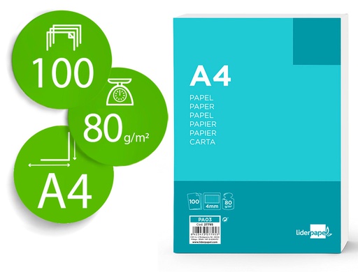 [PA03] PAPEL LIDERPAPEL A4 80G/M2 SIN TALADROS CUADRO 4 MM PAQUETE DE 100 HOJAS