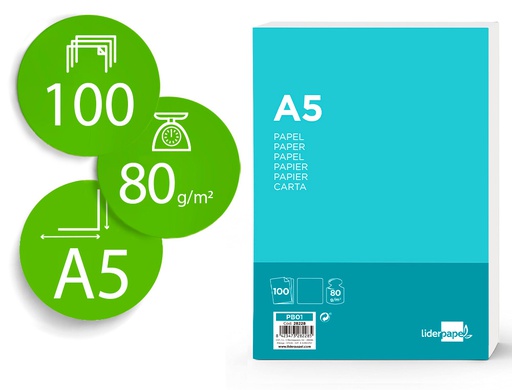 [PB01] PAPEL LIDERPAPEL A5 80G/M2 LISO PAQUETE DE 100 HOJAS