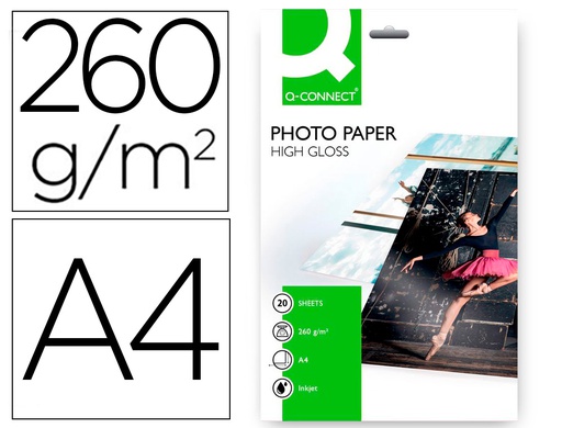 [KF02163] PAPEL Q-CONNECT FOTO GLOSSY KF02163 DIN A4 ALTA CALIDAD DIGITAL PHOTO PARA INK-JET BOLSA DE 20 HOJAS DE 260 GR