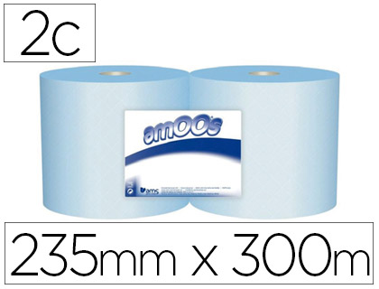 [J613001] PAPEL SECAMANOS INDUSTRIAL AMOOS 2 CAPAS 235 MM X 300 MT COLOR AZUL PAQUETE DE 2 ROLLOS