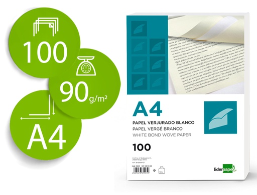 [VJ04] PAPEL VERJURADO LIDERPAPEL A4 90G/M2 CREMA PAQUETE DE 100 HOJAS