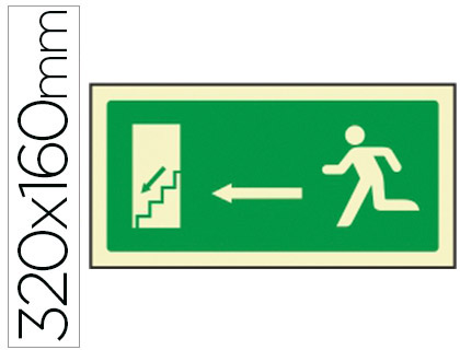 [9055] PICTOGRAMA SYSSA SEÑAL DE SALIDA EMERGENCIA IZQUIERDA ESCALERA BAJANDO EN PVC FOTOLUMINISCENTE 320X160 MM