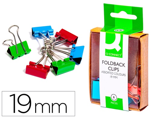 [KF02035] PINZA METALICA Q-CONNECT REVERSIBLE 19 MM CAJA DE 6 UNIDADES COLORES SURTIDOS